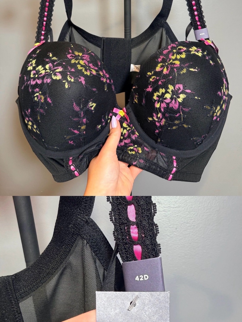 Cacique Black Bra with Pink and Yellow Floral Embroidery